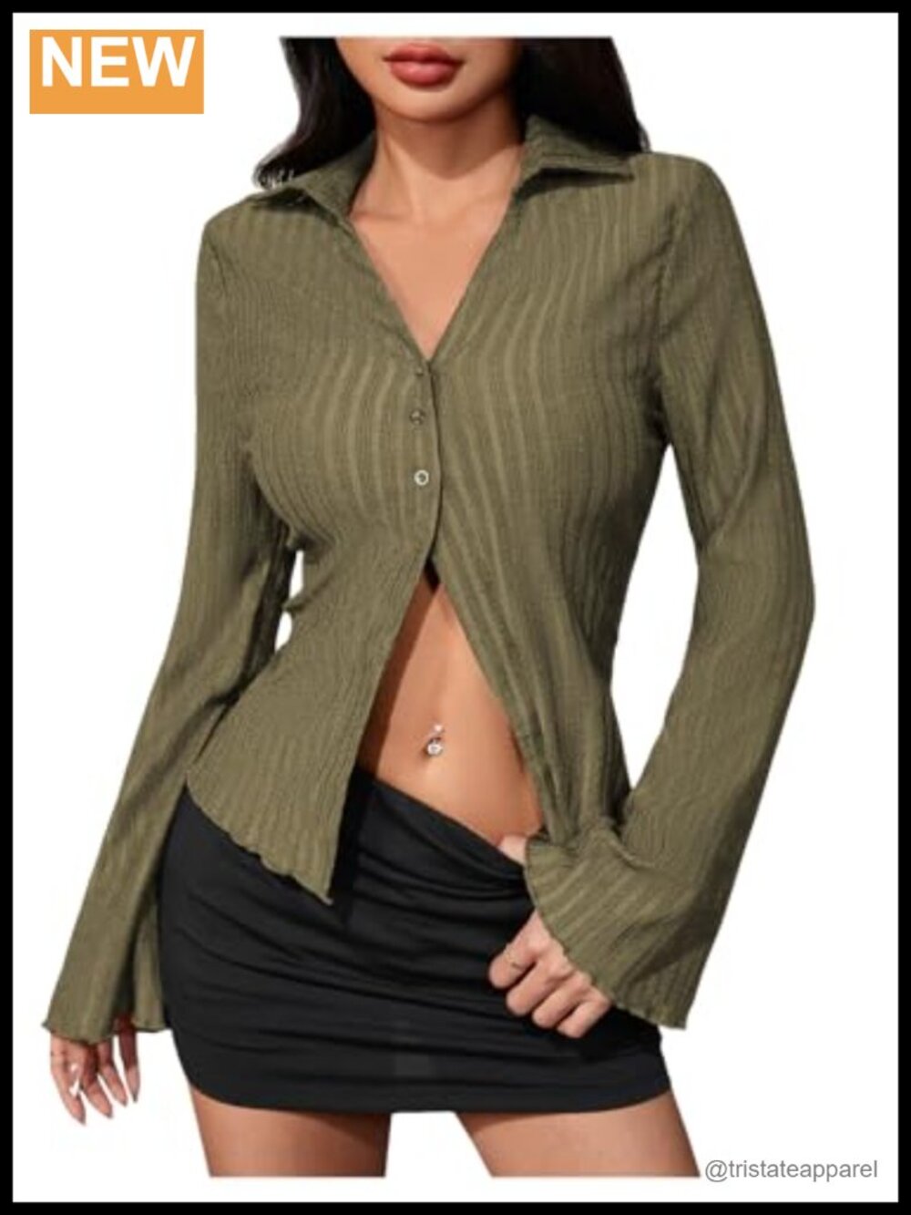 Women's Sheer Mesh Bell Sleeve Button Up Blouse Top